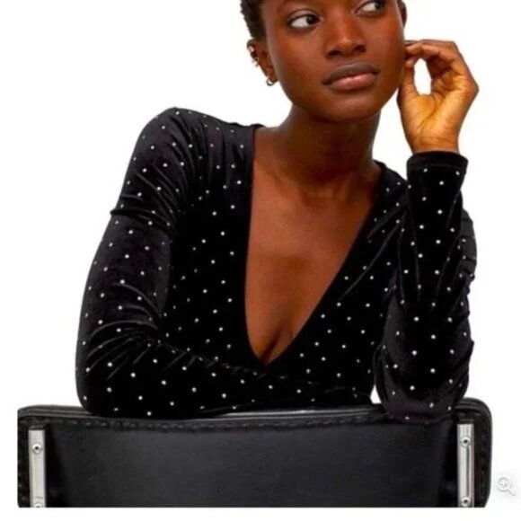 H&M Black Velvet Rhinestone Studded Bodysuit - Picture 1 of 4